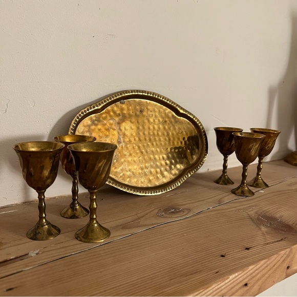Vintage Mini Brass Goblet Set x6 with Tray - Picture 3 of 6